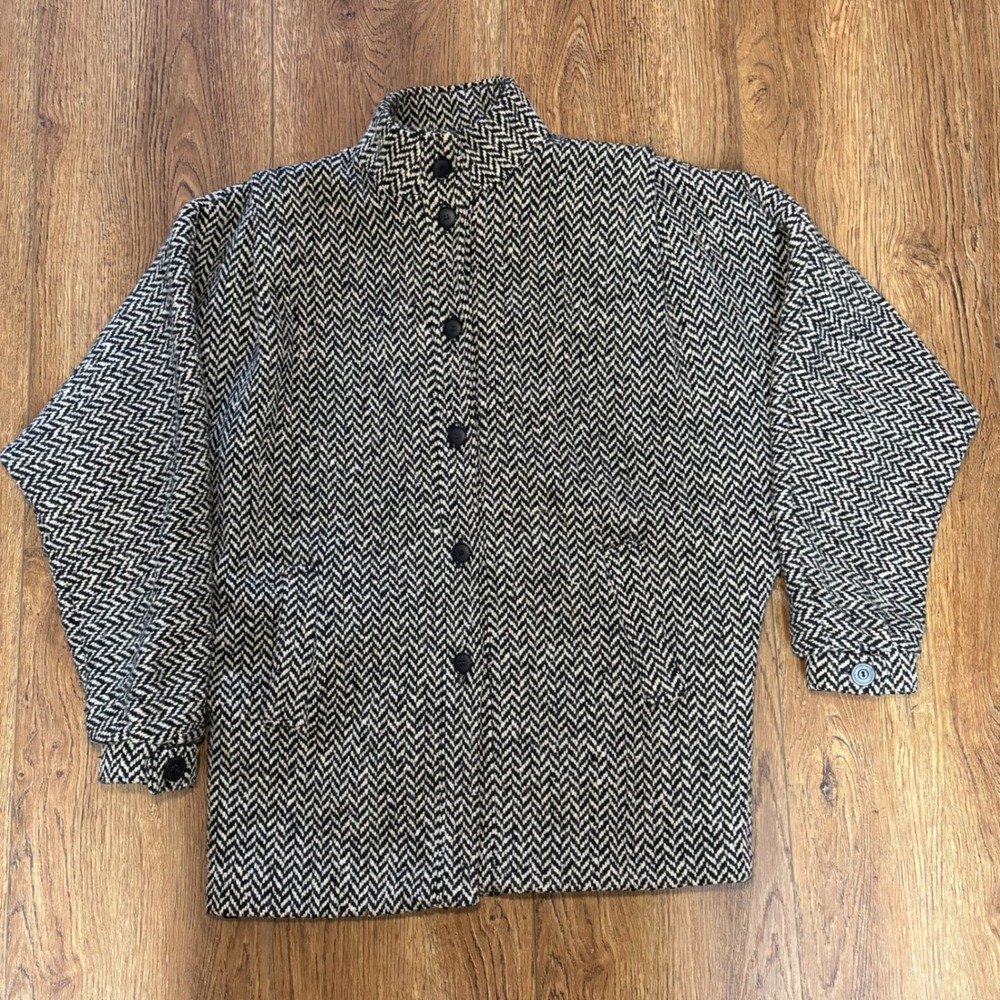 Braefair 80s Wool Herringbone Batwing‎ Coat Black White Union USA Made Womens 8